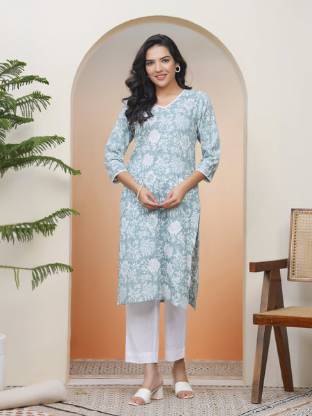Vaasva Women Mint Cotton printed Straight Kurti with pant (Set of 5 Pc)