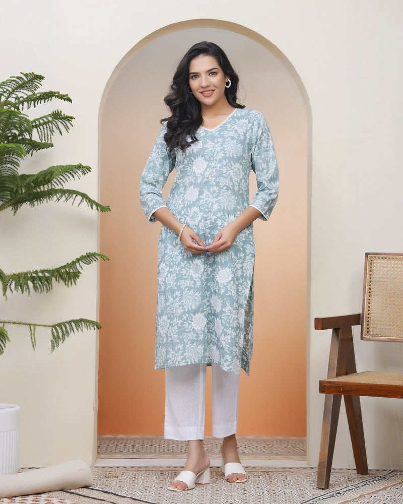 Vaasva Women Mint Cotton printed Straight Kurti with pant (Set of 5 Pc)