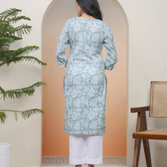 Vaasva Women Mint Cotton printed Straight Kurti with pant (Set of 5 Pc)