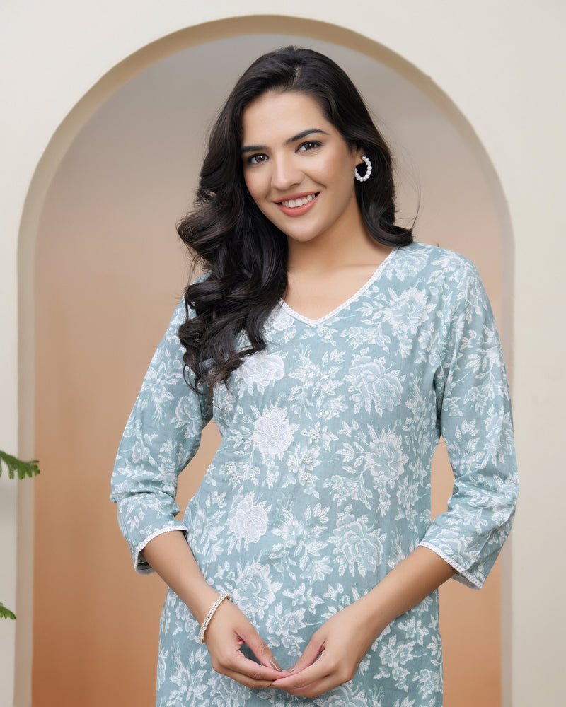 Vaasva Women Mint Cotton printed Straight Kurti with pant (Set of 5 Pc)