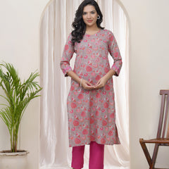 Vaasva Women Charcoal Cotton printed Straight Kurti with pant (Set of 5 Pc)