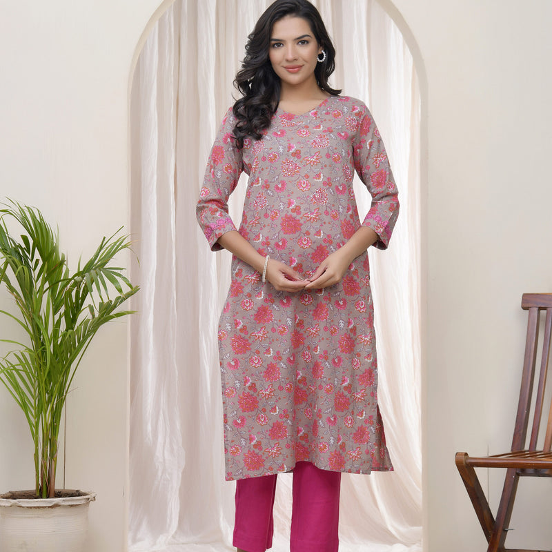 Vaasva Women Charcoal Cotton printed Straight Kurti with pant (Set of 5 Pc)