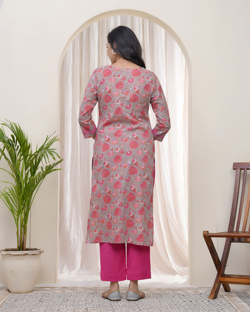 Vaasva Women Charcoal Cotton printed Straight Kurti with pant (Set of 5 Pc)