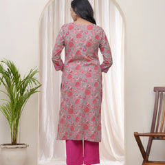 Vaasva Women Charcoal Cotton printed Straight Kurti with pant (Set of 5 Pc)