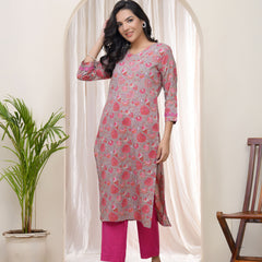 Vaasva Women Charcoal Cotton printed Straight Kurti with pant (Set of 5 Pc)