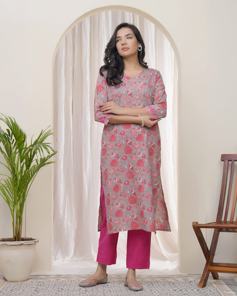 Vaasva Women Charcoal Cotton printed Straight Kurti with pant (Set of 5 Pc)