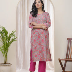 Vaasva Women Charcoal Cotton printed Straight Kurti with pant (Set of 5 Pc)