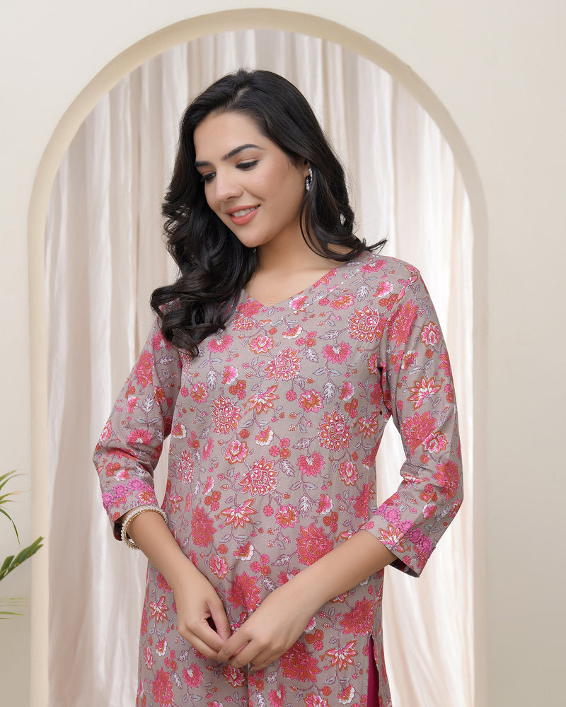 Vaasva Women Charcoal Cotton printed Straight Kurti with pant (Set of 5 Pc)