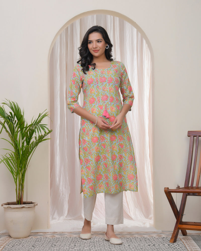 Vaasva Women Multi Cotton printed Straight Kurti with pant (Set of 5 Pc)