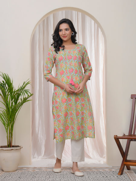 Vaasva Women Multi Cotton printed Straight Kurti with pant (Set of 5 Pc)