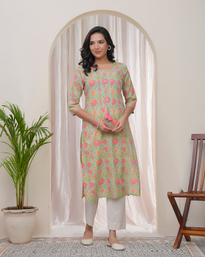 Vaasva Women Multi Cotton printed Straight Kurti with pant (Set of 5 Pc)