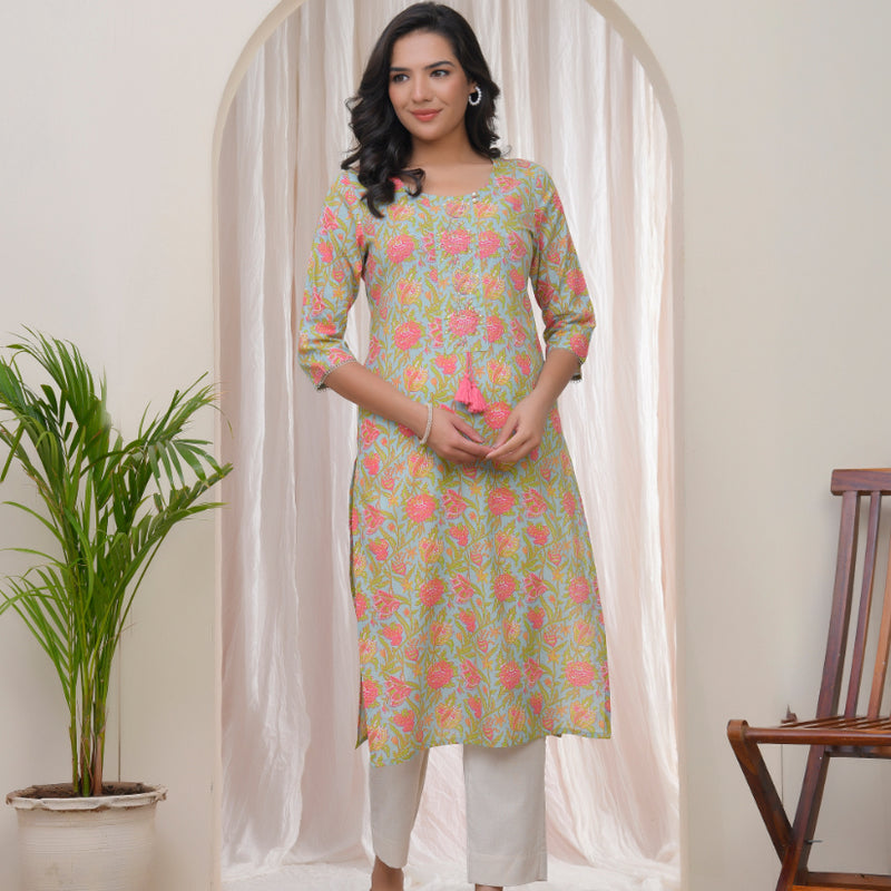 Vaasva Women Multi Cotton printed Straight Kurti with pant (Set of 5 Pc)