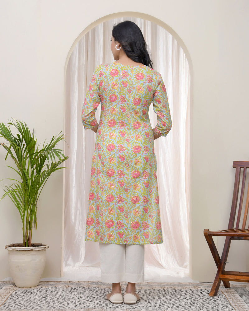 Vaasva Women Multi Cotton printed Straight Kurti with pant (Set of 5 Pc)