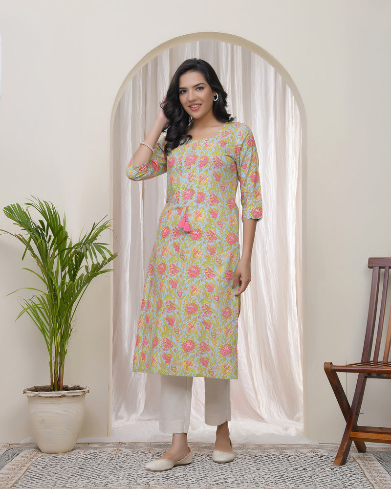 Vaasva Women Multi Cotton printed Straight Kurti with pant (Set of 5 Pc)