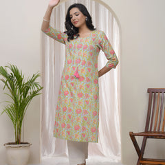 Vaasva Women Multi Cotton printed Straight Kurti with pant (Set of 5 Pc)