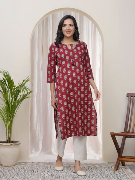 Vaasva Women Maroon Cotton printed Straight Kurti with pant (Set of 5 Pc)
