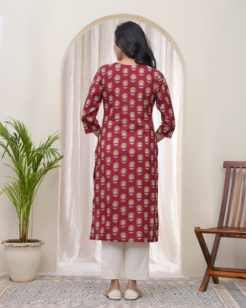 Vaasva Women Maroon Cotton printed Straight Kurti with pant (Set of 5 Pc)