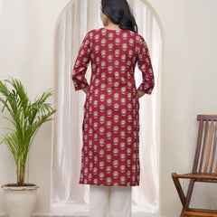 Vaasva Women Maroon Cotton printed Straight Kurti with pant (Set of 5 Pc)
