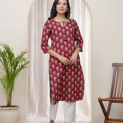 Vaasva Women Maroon Cotton printed Straight Kurti with pant (Set of 5 Pc)