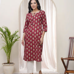 Vaasva Women Maroon Cotton printed Straight Kurti with pant (Set of 5 Pc)
