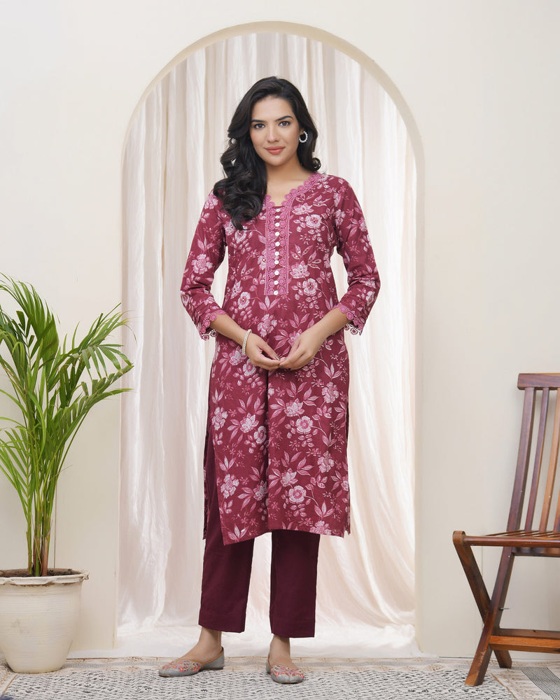 Vaasva Women Magenta Cotton printed Straight Kurti with pant (Set of 5 Pc)