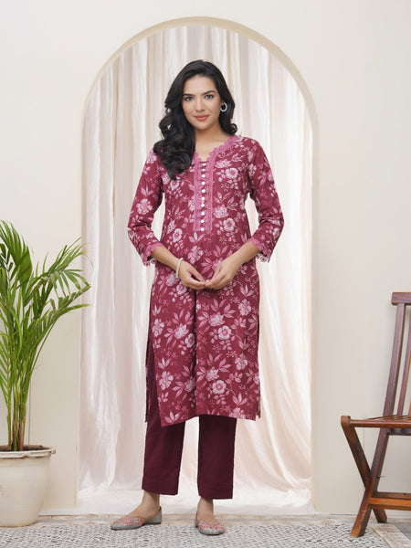 Vaasva Women Magenta Cotton printed Straight Kurti with pant (Set of 5 Pc)