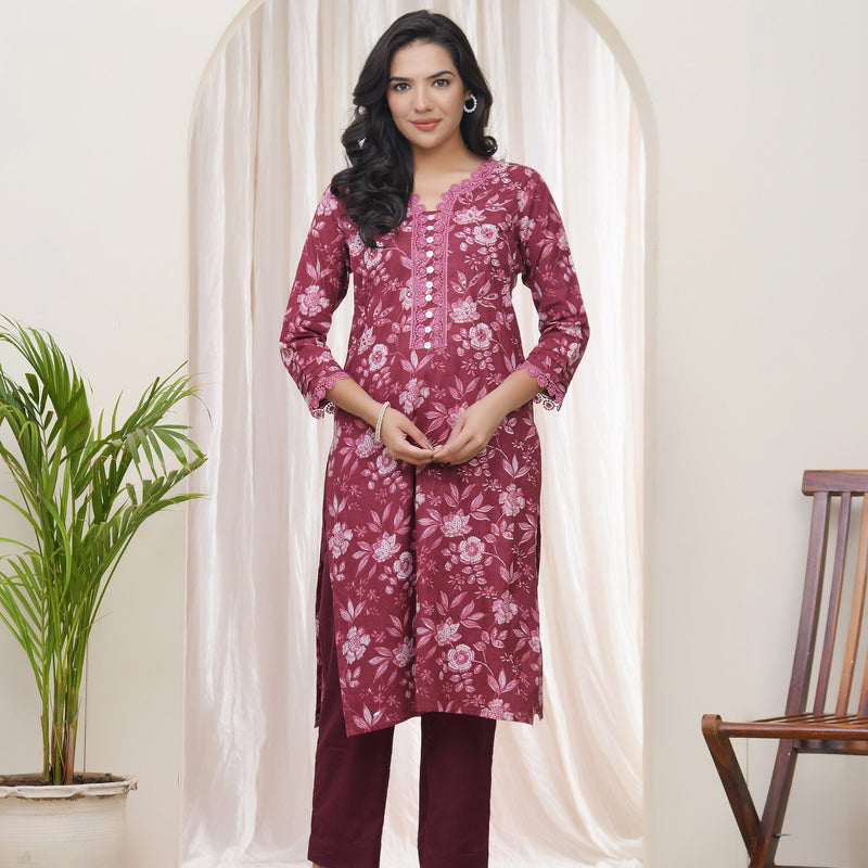 Vaasva Women Magenta Cotton printed Straight Kurti with pant (Set of 5 Pc)