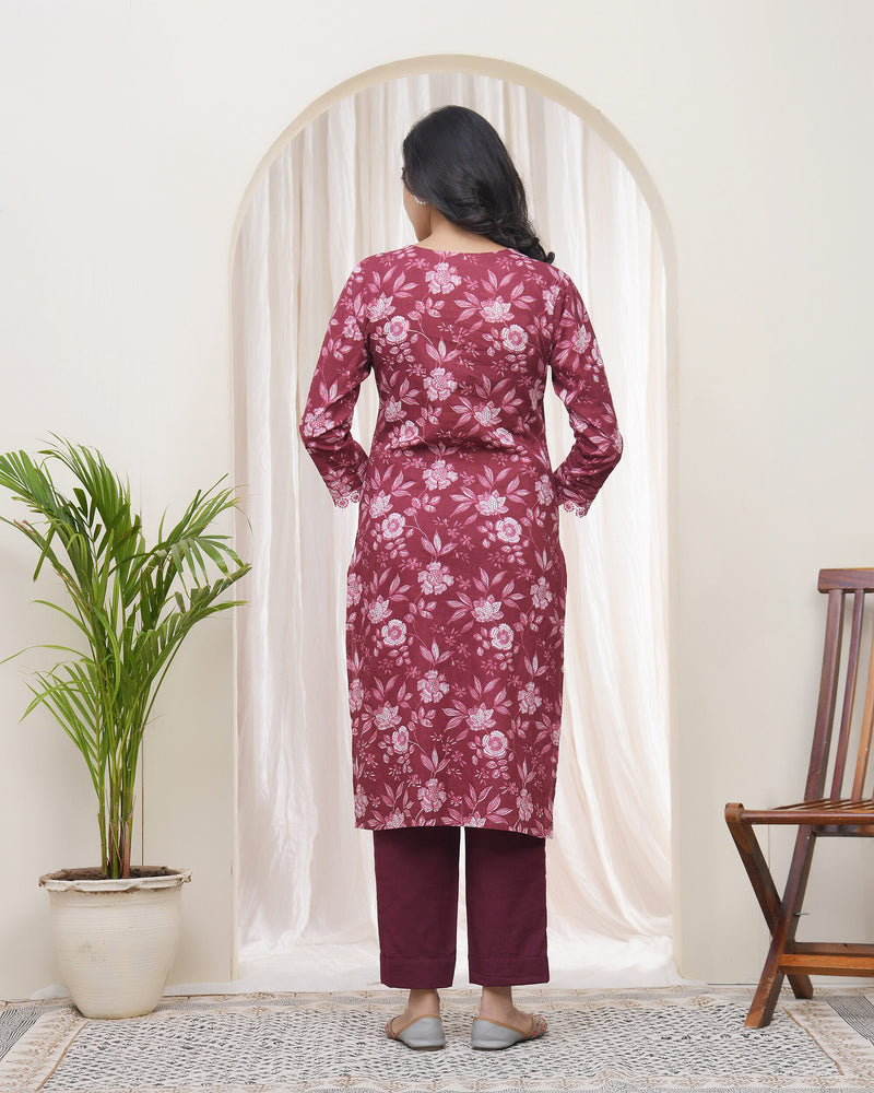 Vaasva Women Magenta Cotton printed Straight Kurti with pant (Set of 5 Pc)