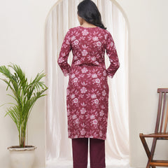 Vaasva Women Magenta Cotton printed Straight Kurti with pant (Set of 5 Pc)