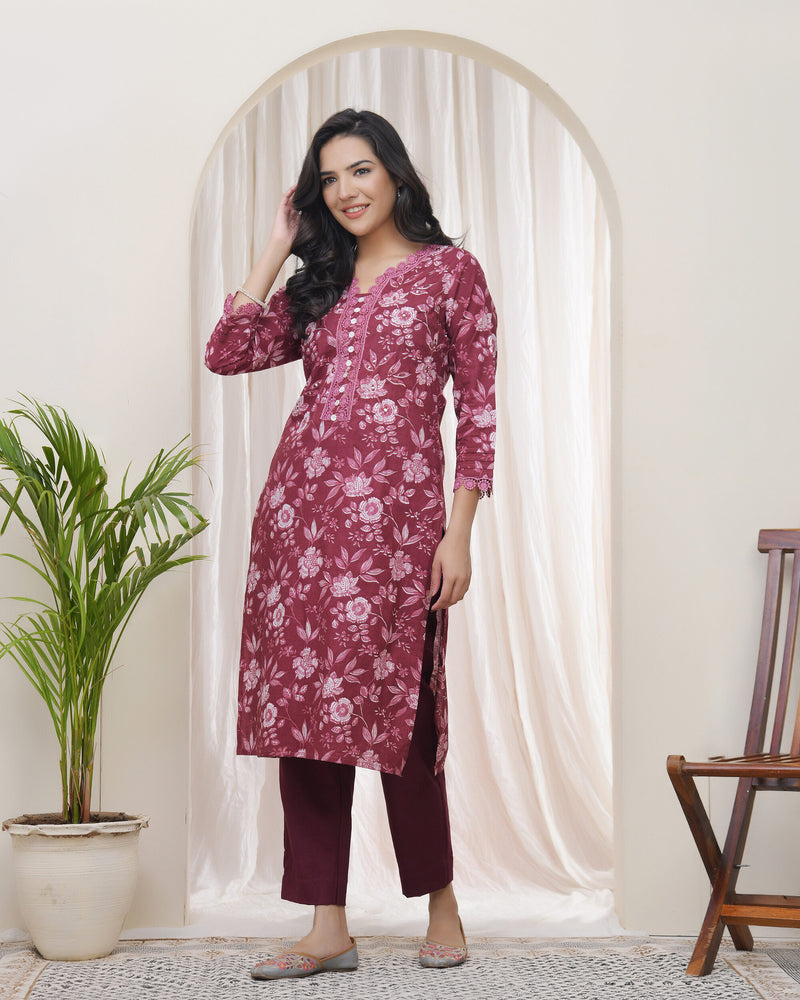 Vaasva Women Magenta Cotton printed Straight Kurti with pant (Set of 5 Pc)