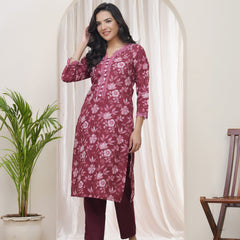 Vaasva Women Magenta Cotton printed Straight Kurti with pant (Set of 5 Pc)