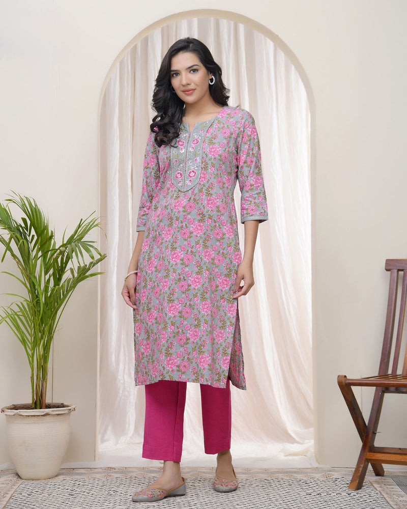 Vaasva Women Grey Cotton printed Straight Kurti with pant (Set of 5 Pc)