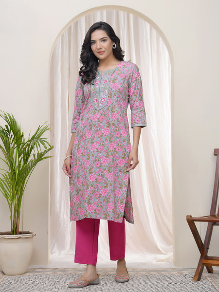 Vaasva Women Grey Cotton printed Straight Kurti with pant (Set of 5 Pc)