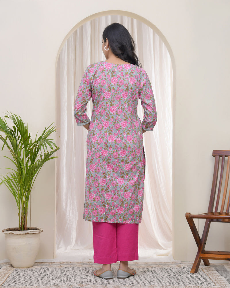 Vaasva Women Grey Cotton printed Straight Kurti with pant (Set of 5 Pc)