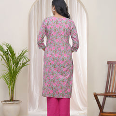Vaasva Women Grey Cotton printed Straight Kurti with pant (Set of 5 Pc)