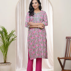 Vaasva Women Grey Cotton printed Straight Kurti with pant (Set of 5 Pc)