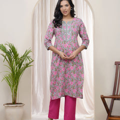 Vaasva Women Grey Cotton printed Straight Kurti with pant (Set of 5 Pc)