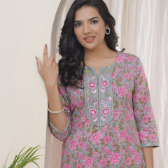 Vaasva Women Grey Cotton printed Straight Kurti with pant (Set of 5 Pc)