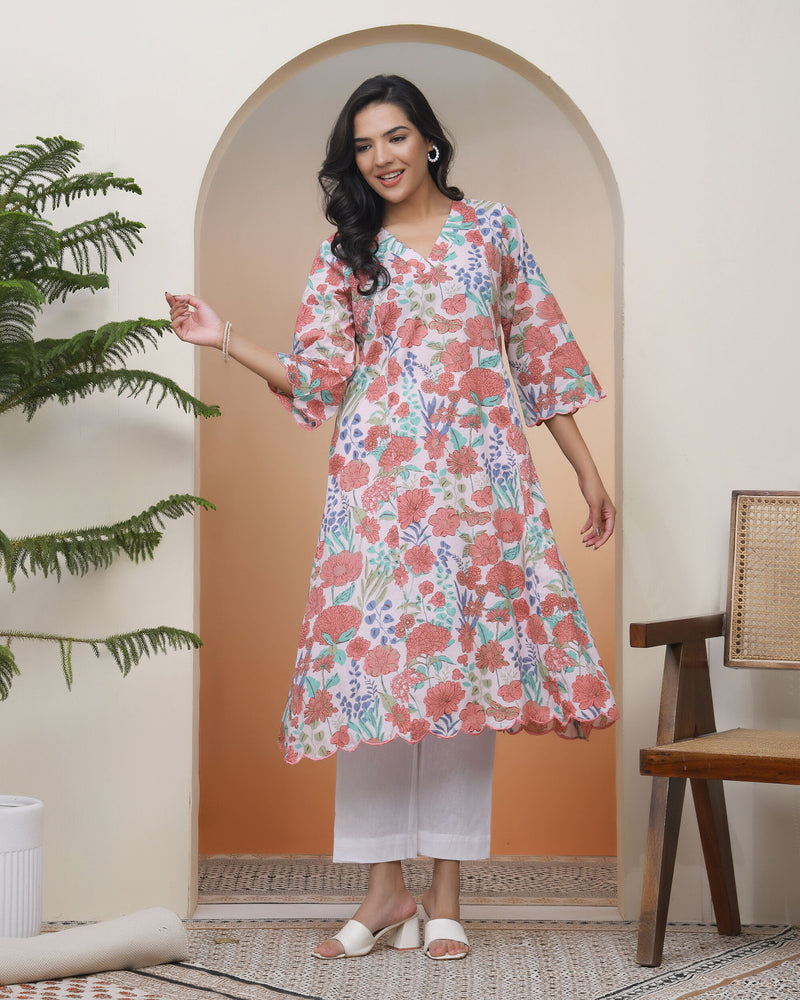 Vaasva Women Peach floral Cotton printed flare Kurti with pant (Set of 5 Pc)