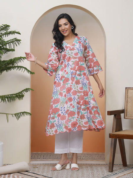 Vaasva Women Peach floral Cotton printed flare Kurti with pant (Set of 5 Pc)
