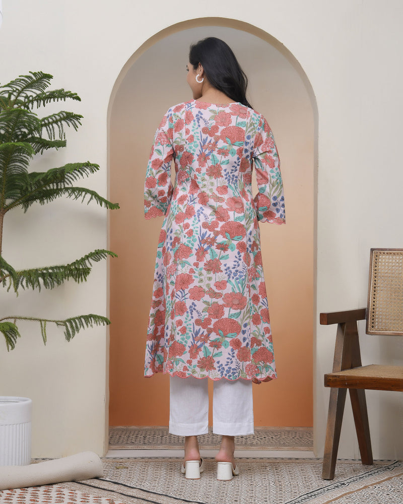 Vaasva Women Peach floral Cotton printed flare Kurti with pant (Set of 5 Pc)