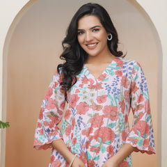 Vaasva Women Peach floral Cotton printed flare Kurti with pant (Set of 5 Pc)