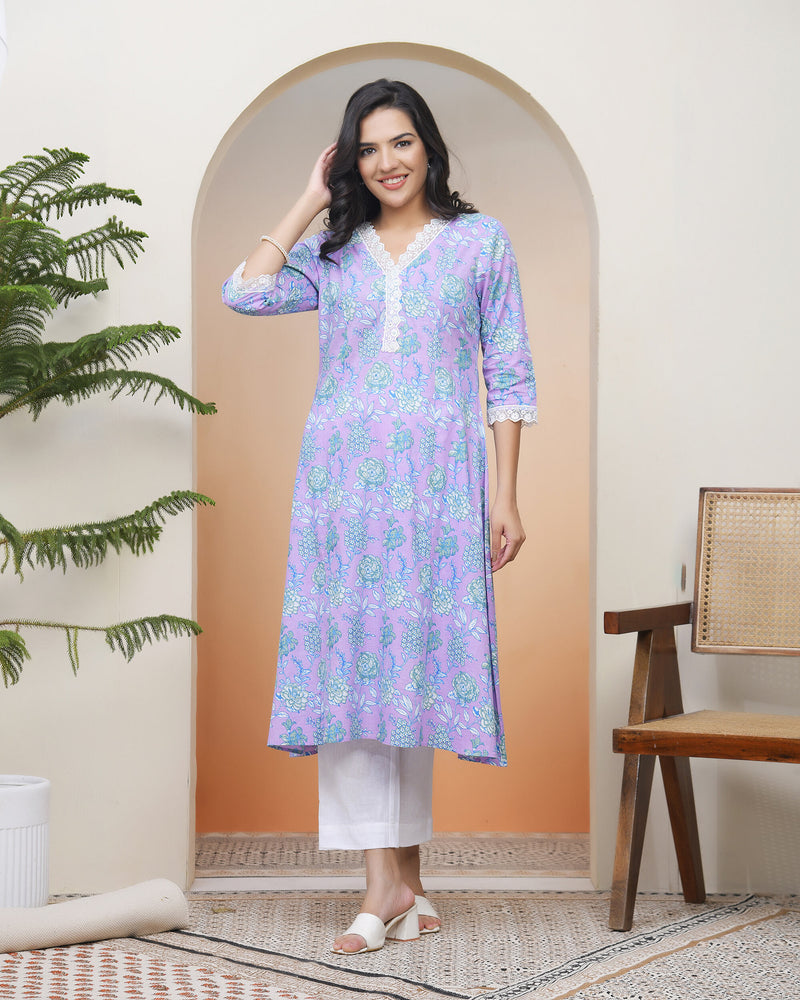 Vaasva Women lavender floral Cotton printed flare Kurti with pant (Set of 5 Pc)