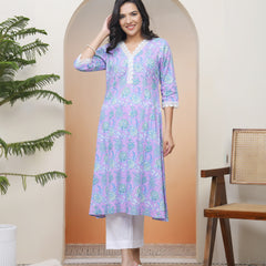 Vaasva Women lavender floral Cotton printed flare Kurti with pant (Set of 5 Pc)
