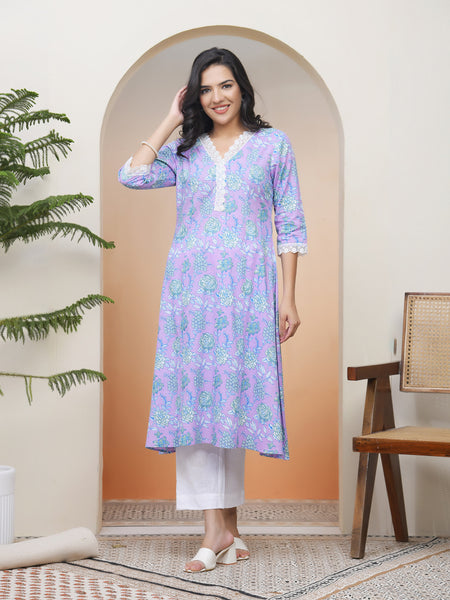Vaasva Women lavender floral Cotton printed flare Kurti with pant (Set of 5 Pc)