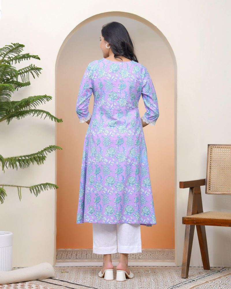 Vaasva Women lavender floral Cotton printed flare Kurti with pant (Set of 5 Pc)