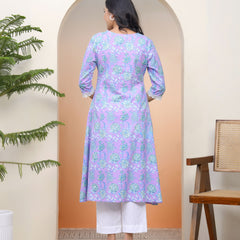 Vaasva Women lavender floral Cotton printed flare Kurti with pant (Set of 5 Pc)