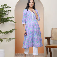 Vaasva Women lavender floral Cotton printed flare Kurti with pant (Set of 5 Pc)