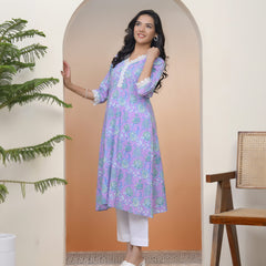 Vaasva Women lavender floral Cotton printed flare Kurti with pant (Set of 5 Pc)