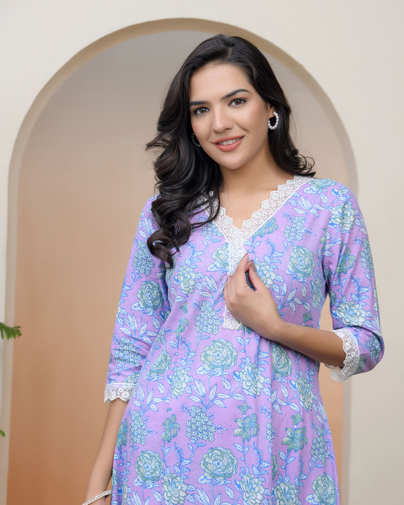 Vaasva Women lavender floral Cotton printed flare Kurti with pant (Set of 5 Pc)